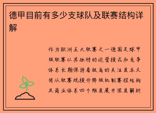 德甲目前有多少支球队及联赛结构详解
